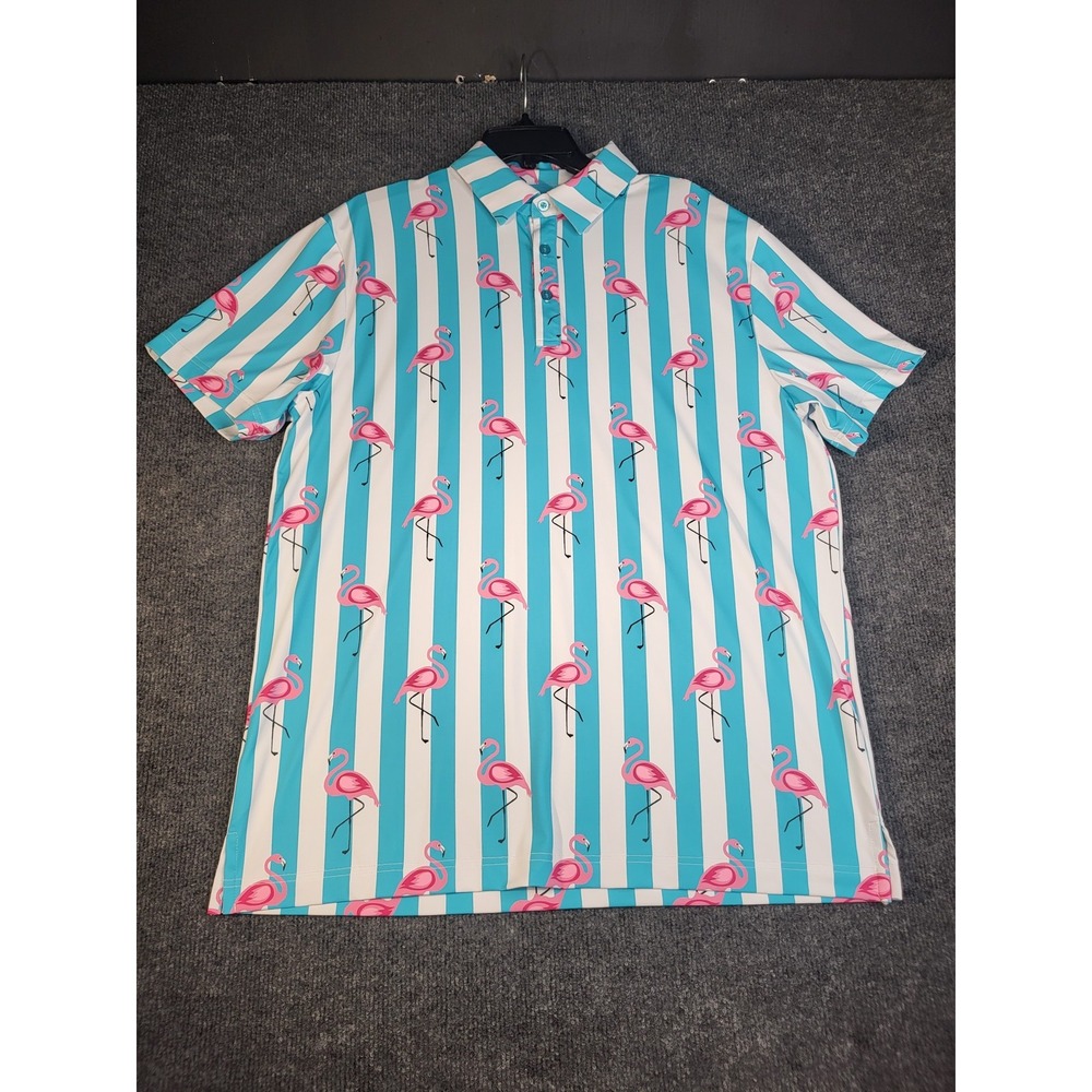 Birdie Bound Polo Mens Size M Multicolor Striped Flamingo Golf Short Sleeve